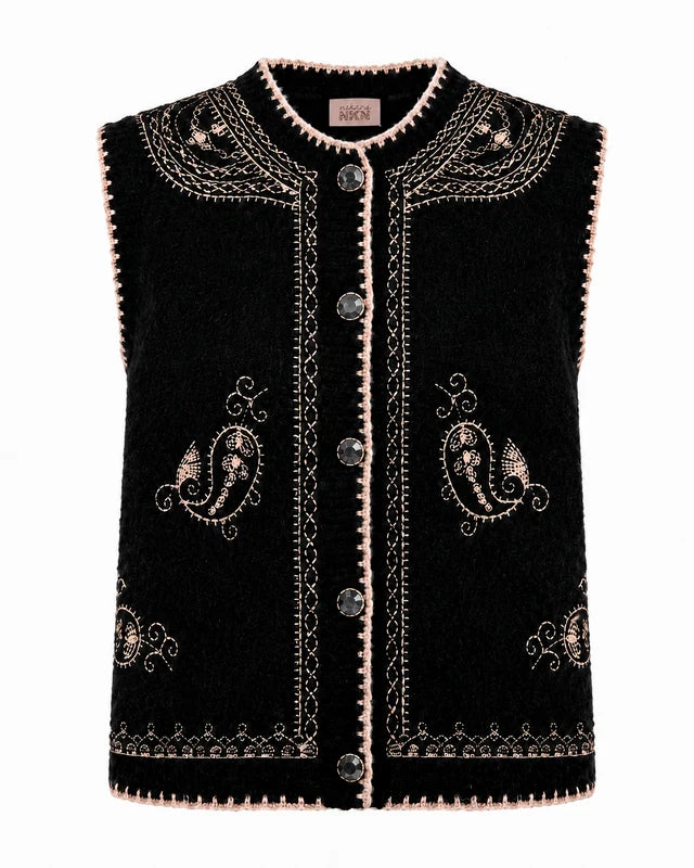 Gilet con bottoni gioiello e motivo paisley
