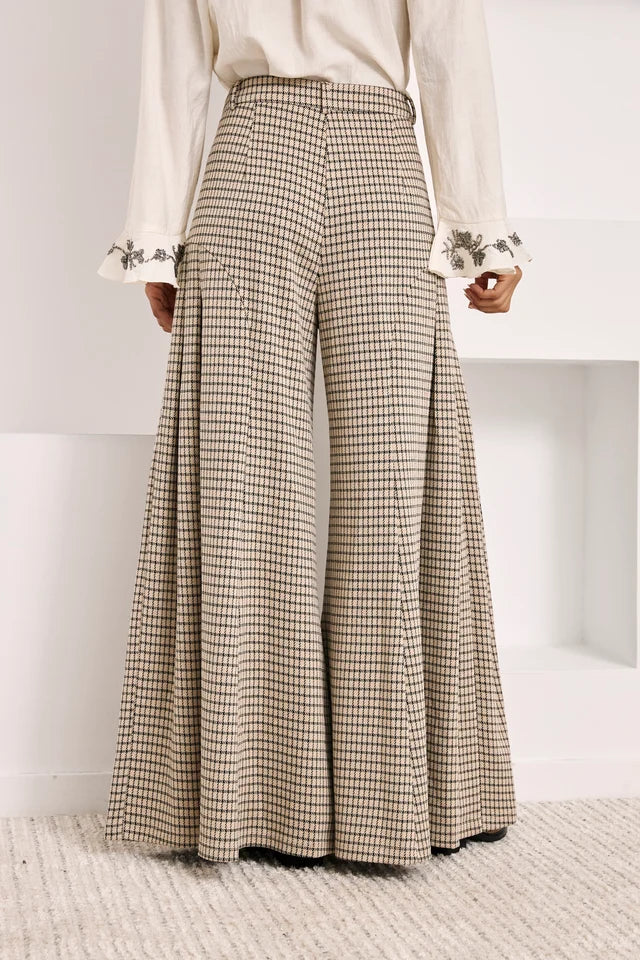 Pantaloni palazzo a quadri ricamati