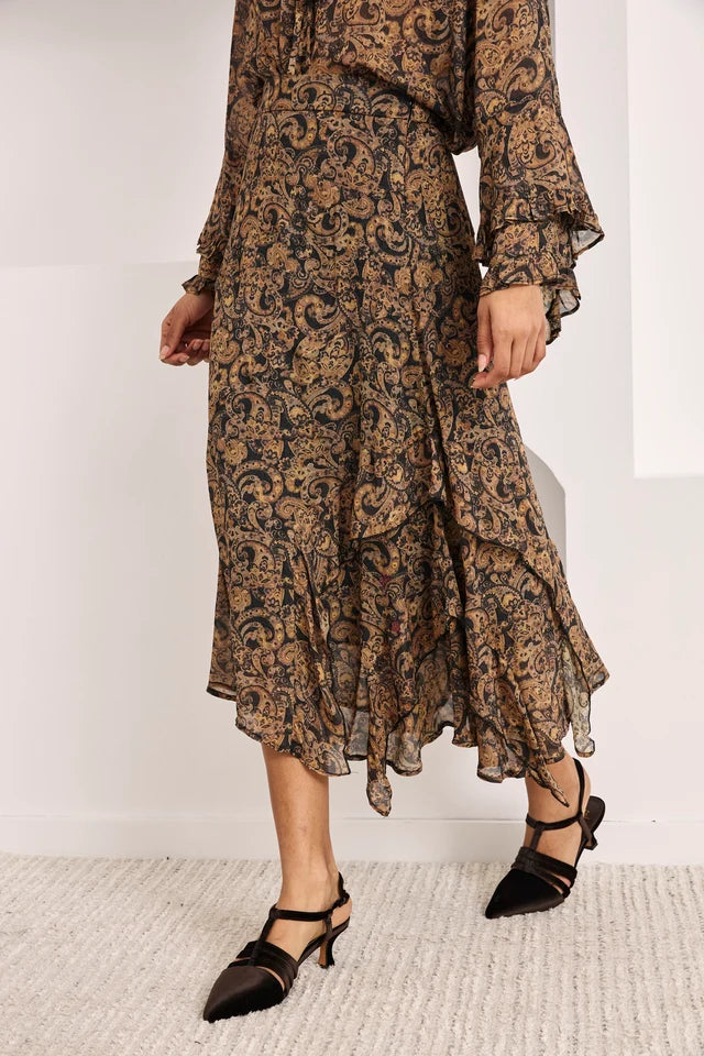 Gonna asimmetrica paisley con volant